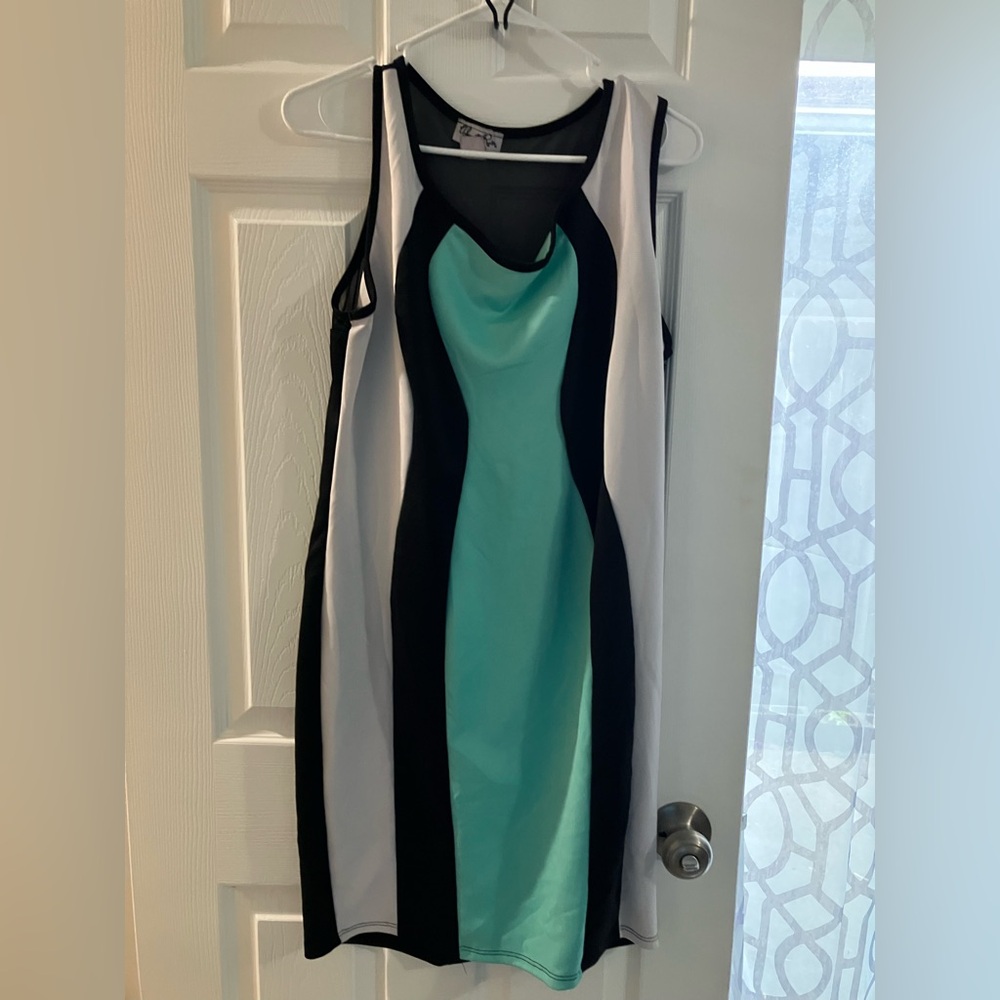 R&M Richards Black and Green Sheath Mini Dress Sleeveless Cowl Neck